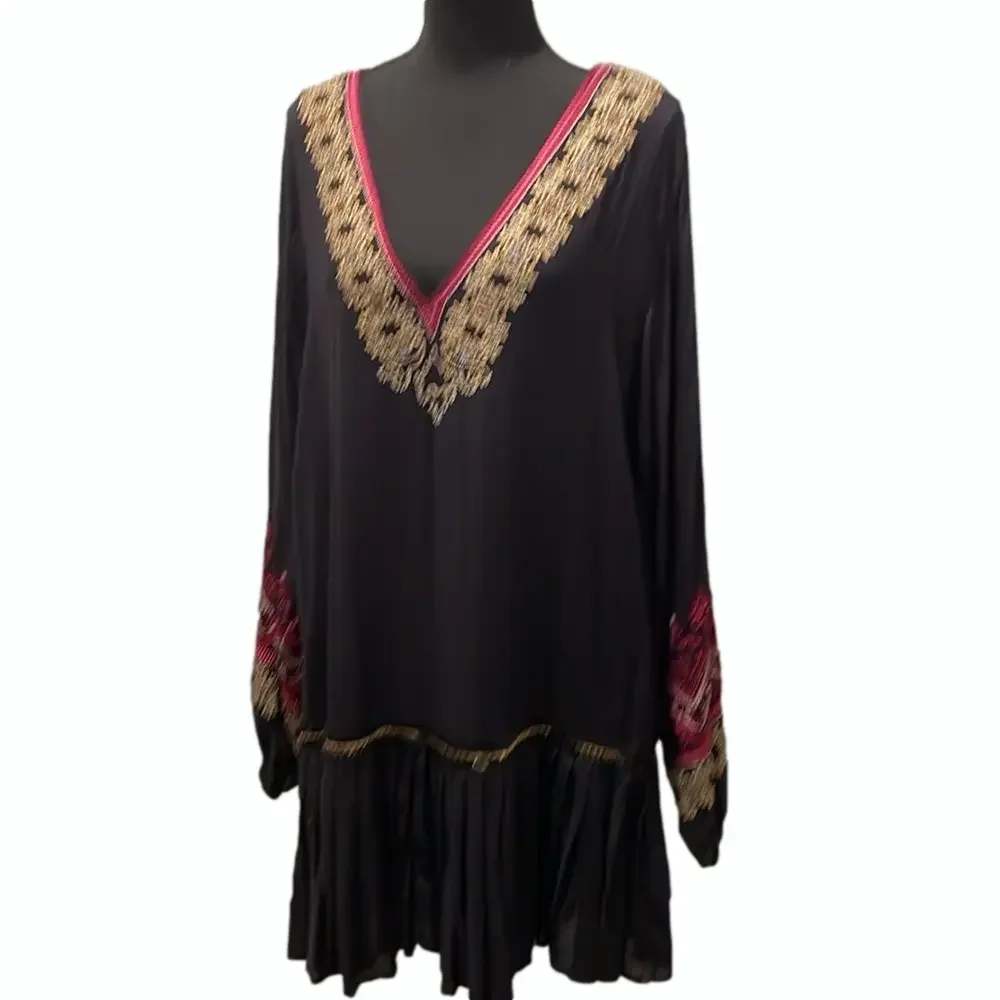 Free People Wild One Peasant Mini Dress SizeS Black Gold Embroidered Drop Waist - Picture 6 of 16